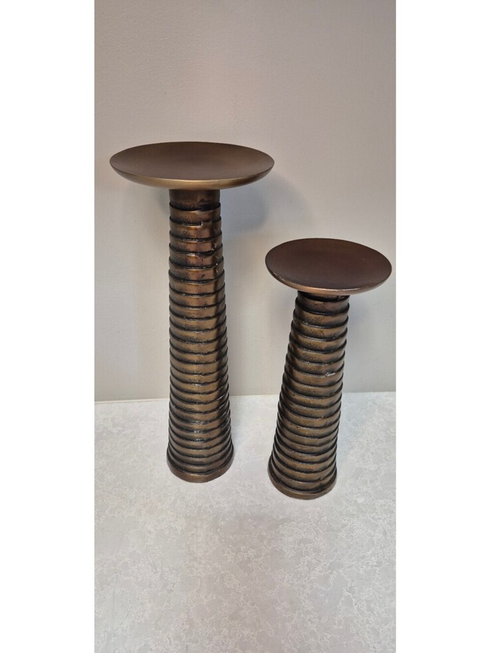 Crate & Barrel Ramsey Bronze Metal Pillar Candle Holder Set Minimalist Textures